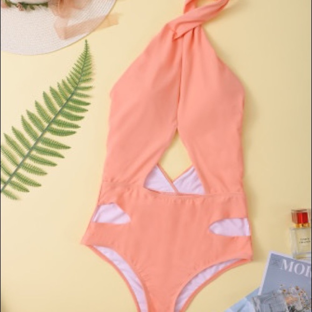 LAST ONE Halter One Piece Pink Swimsuit - Picture 7 of 9